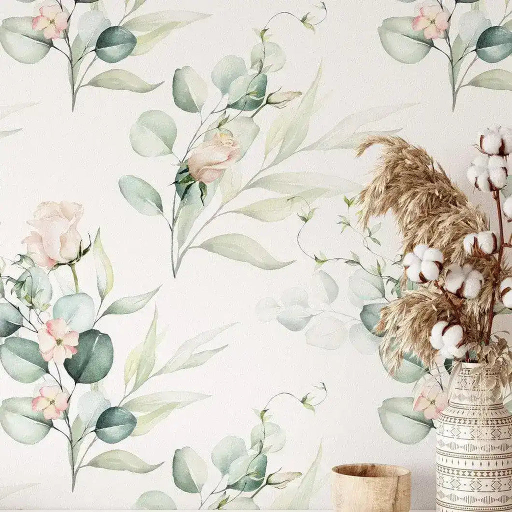 Green Eucalyptus and Roses Leaves and Branches Watercolor Botanical Wallpaper