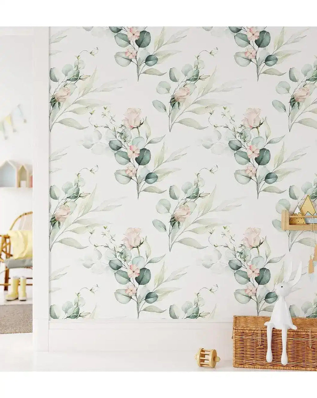 Green Eucalyptus and Roses Leaves and Branches Watercolor Botanical Wallpaper