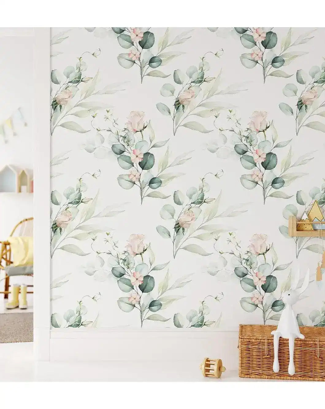 Green Eucalyptus and Roses Leaves and Branches Watercolor Botanical Wallpaper