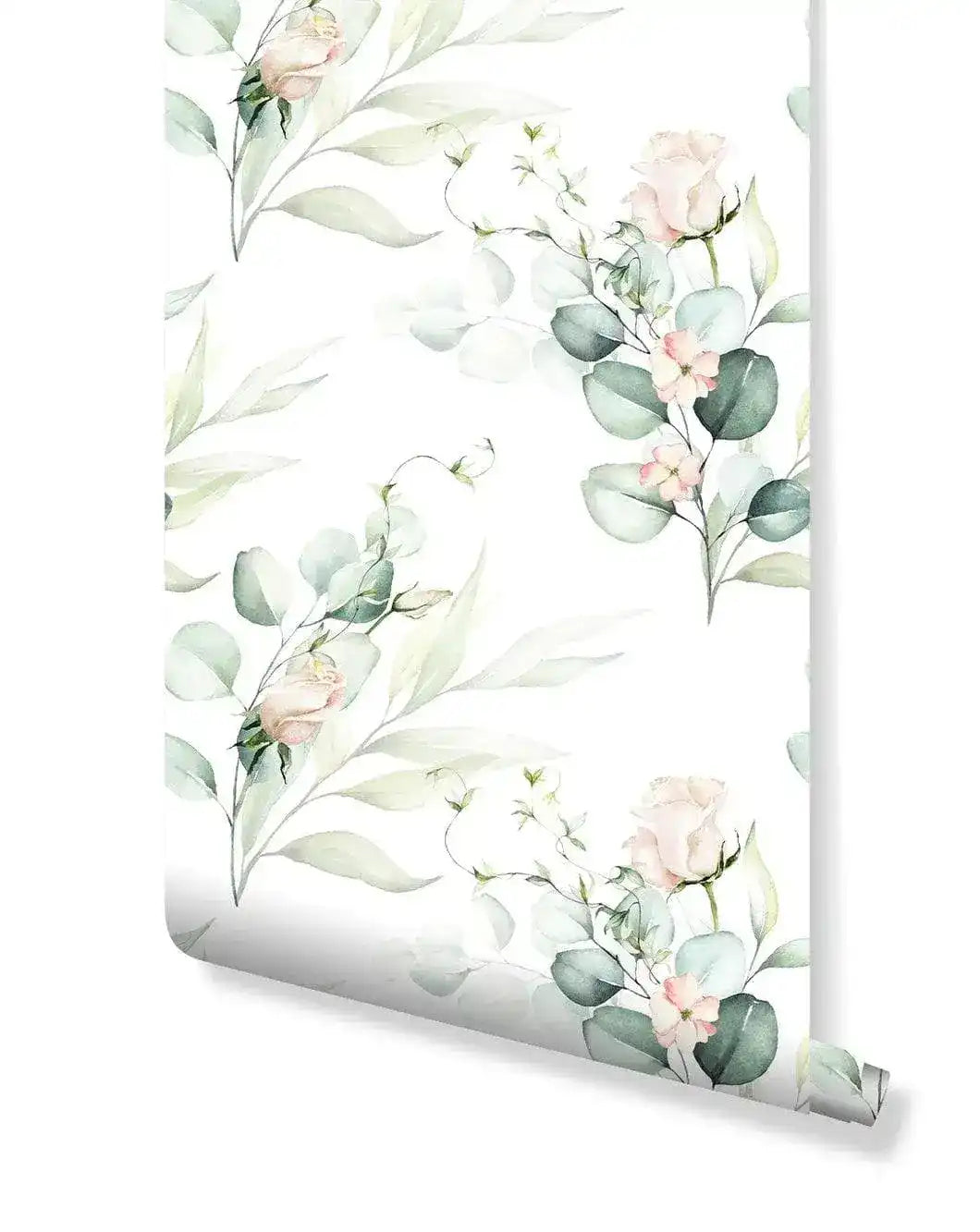 Green Eucalyptus and Roses Leaves and Branches Watercolor Botanical Wallpaper