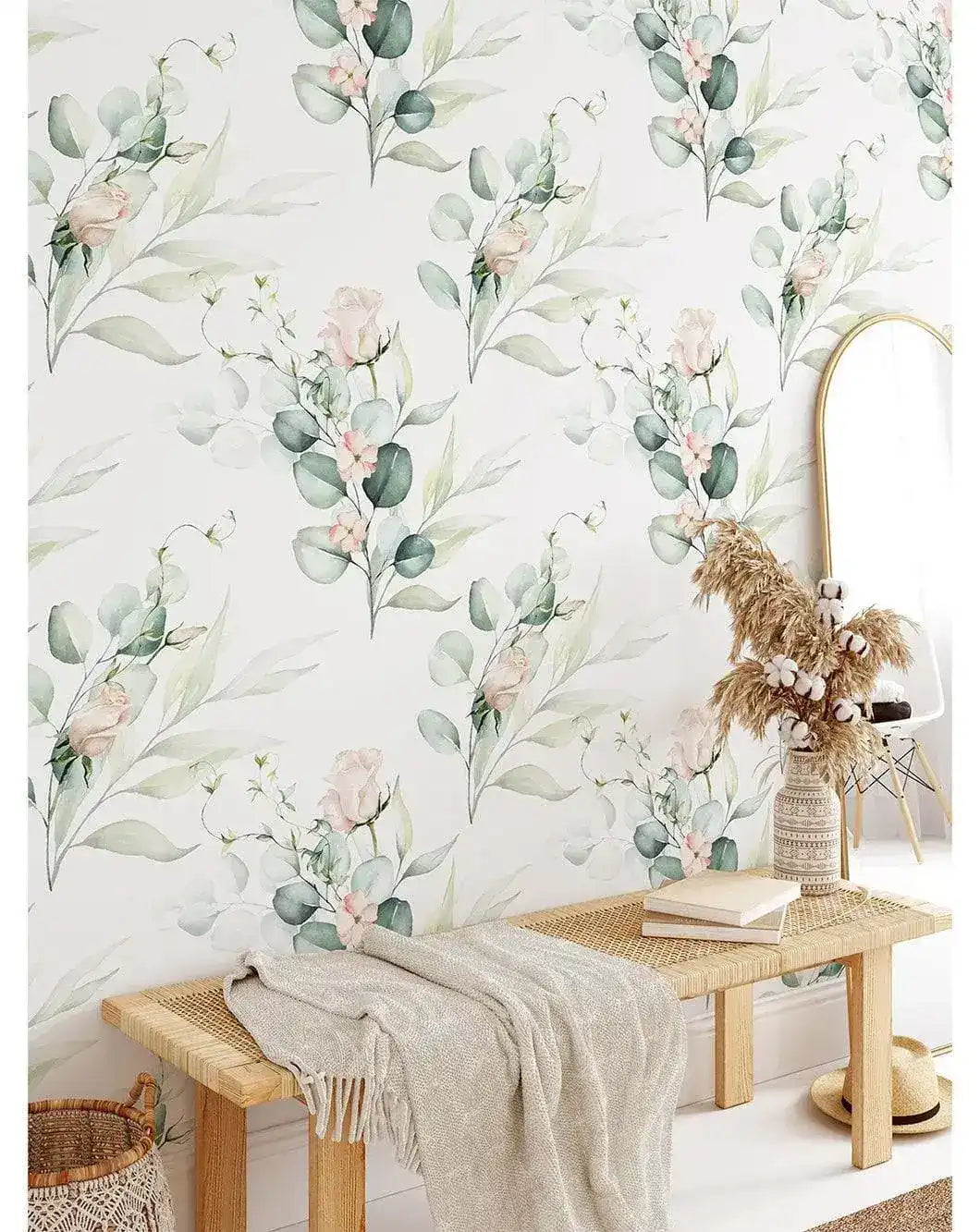 Green Eucalyptus and Roses Leaves and Branches Watercolor Botanical Wallpaper