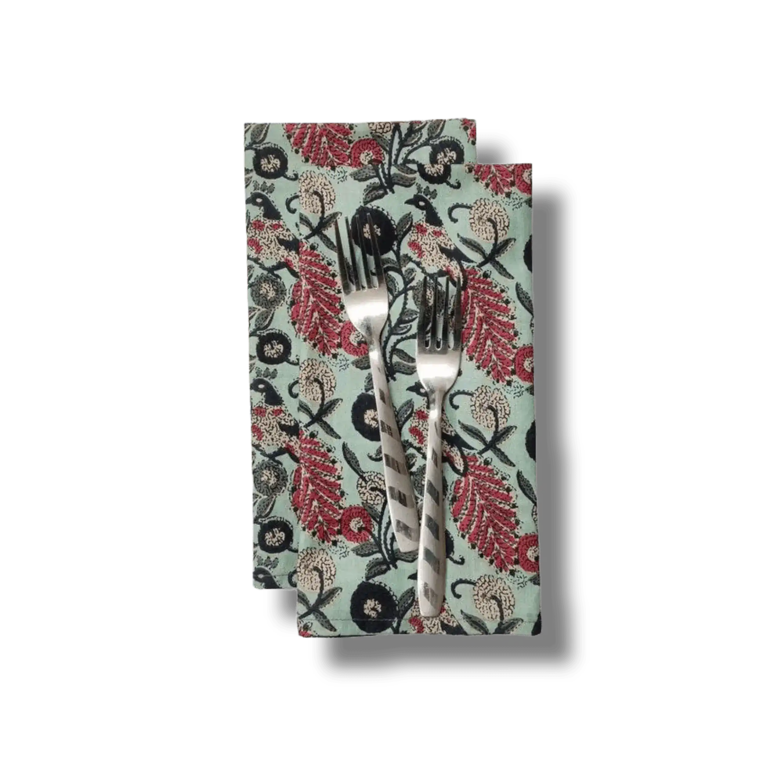 Green Floral Motif Block Printed Cotton Napkins