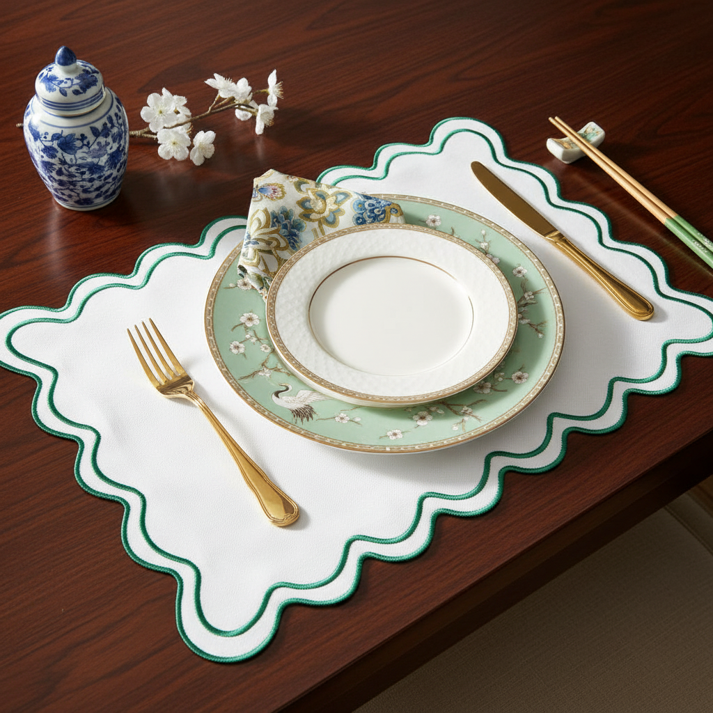 Green Wavy Embroidered Scalloped Placemats