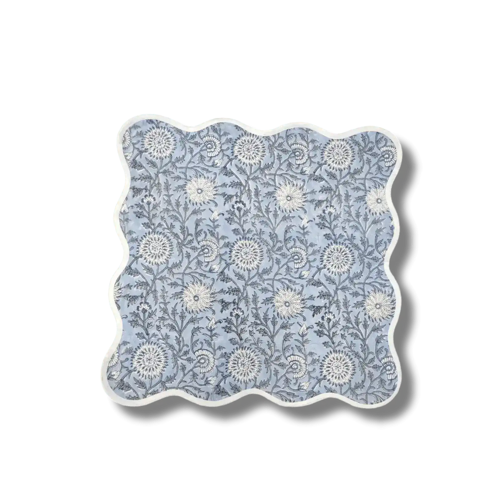 Hand Block Light Blue and Off White Scallop Cotton Napkins