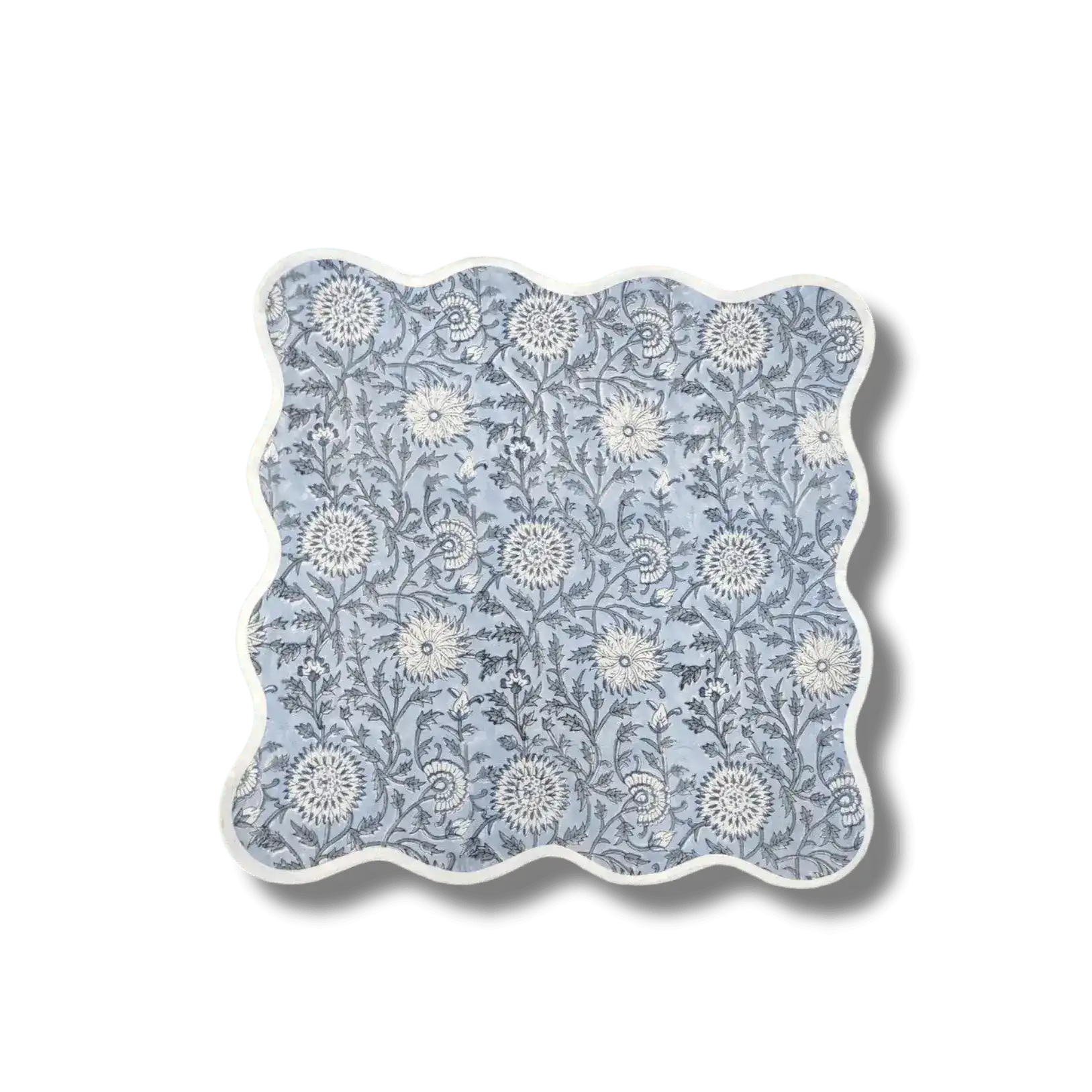 Hand Block Light Blue and Off White Scallop Cotton Napkins