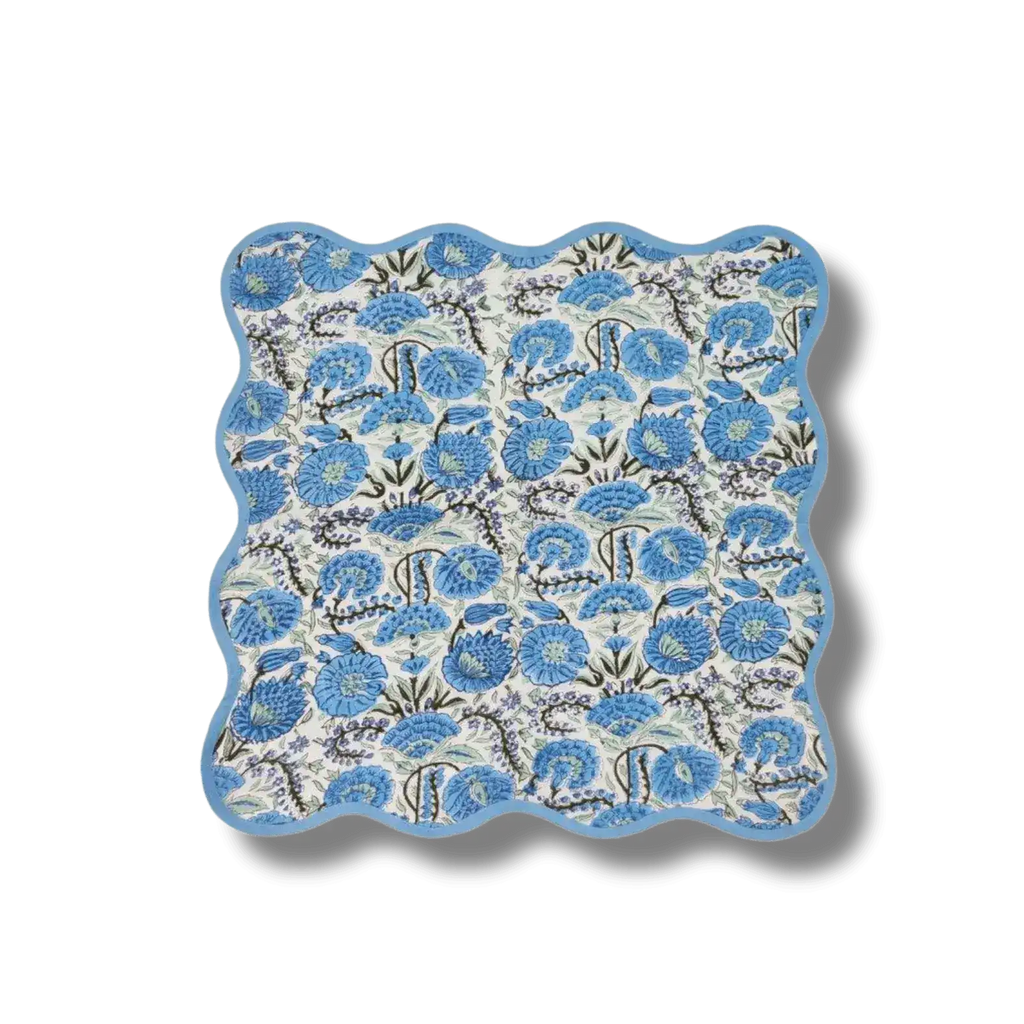 Hand-Block Light Blue Flower Scallop Cotton Napkins, Set of 4