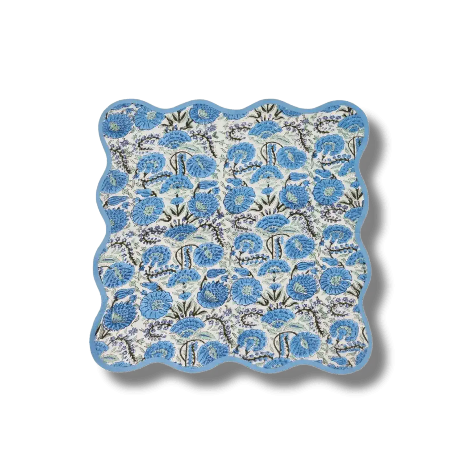 Hand-Block Light Blue Flower Scallop Cotton Napkins, Set of 4