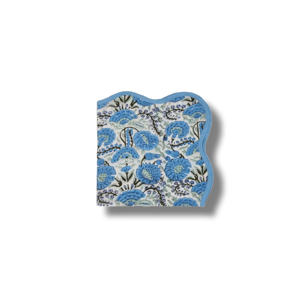 Hand-Block Light Blue Flower Scallop Cotton Napkins, Set of 4
