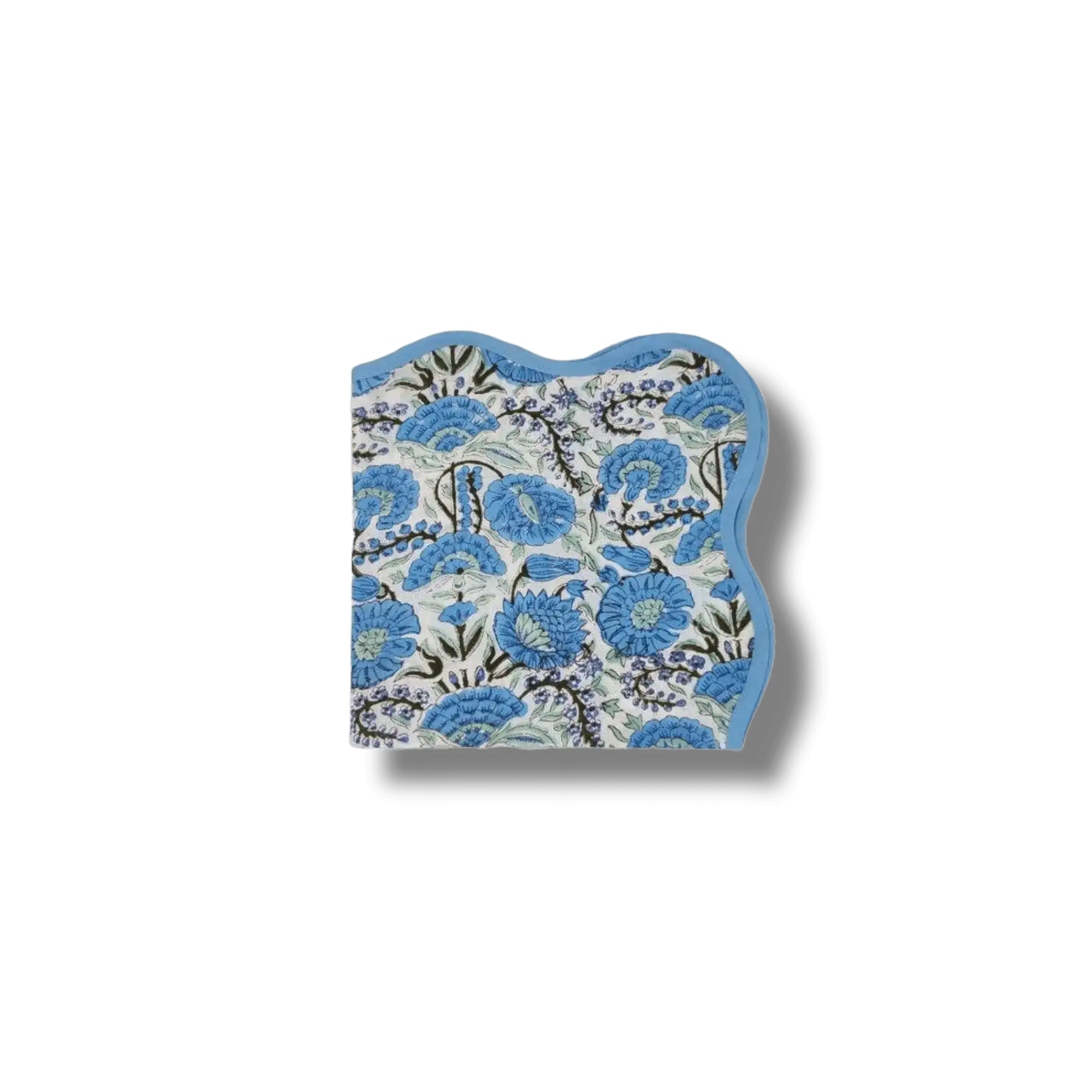 Hand-Block Light Blue Flower Scallop Cotton Napkins, Set of 4