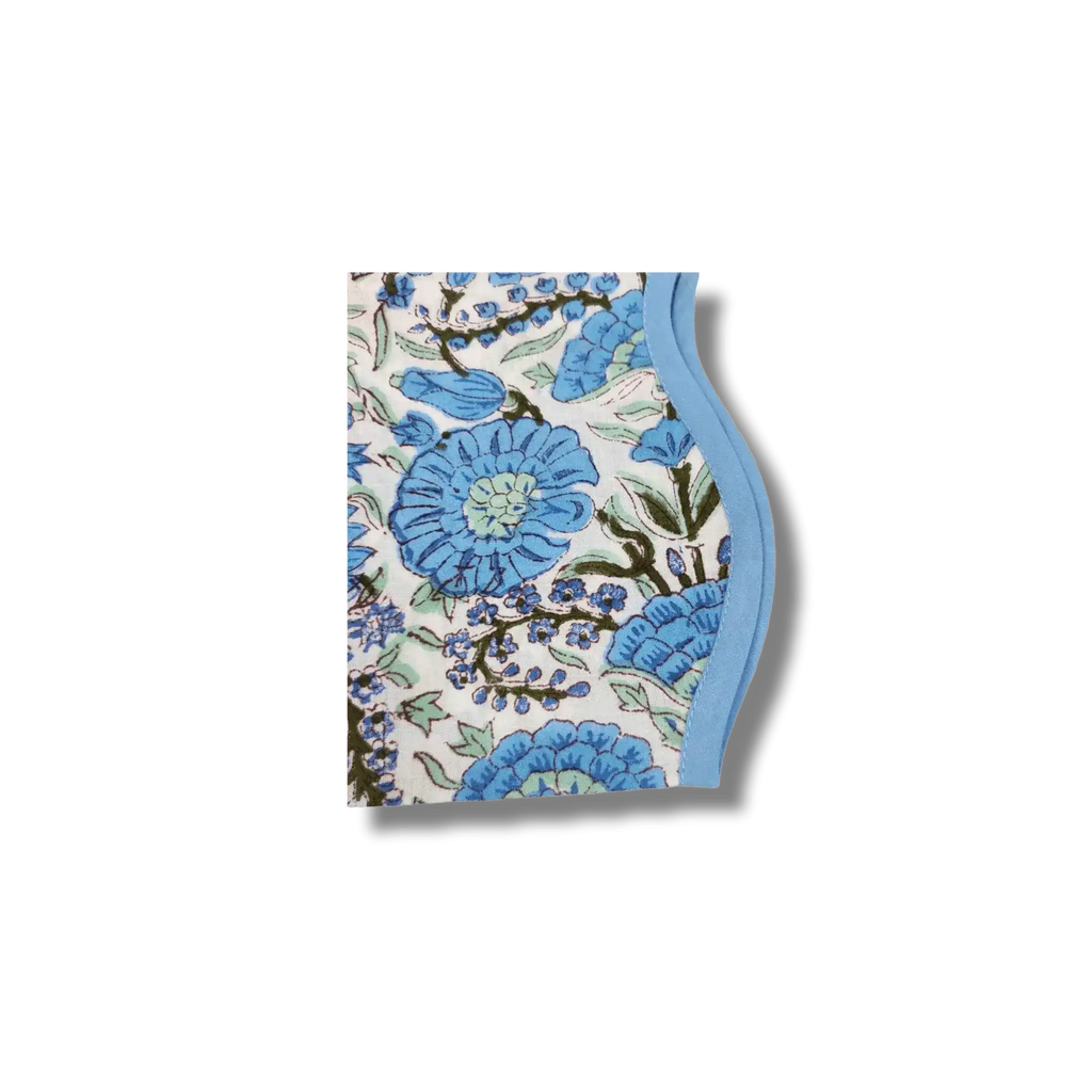 Hand-Block Light Blue Flower Scallop Cotton Napkins, Set of 4