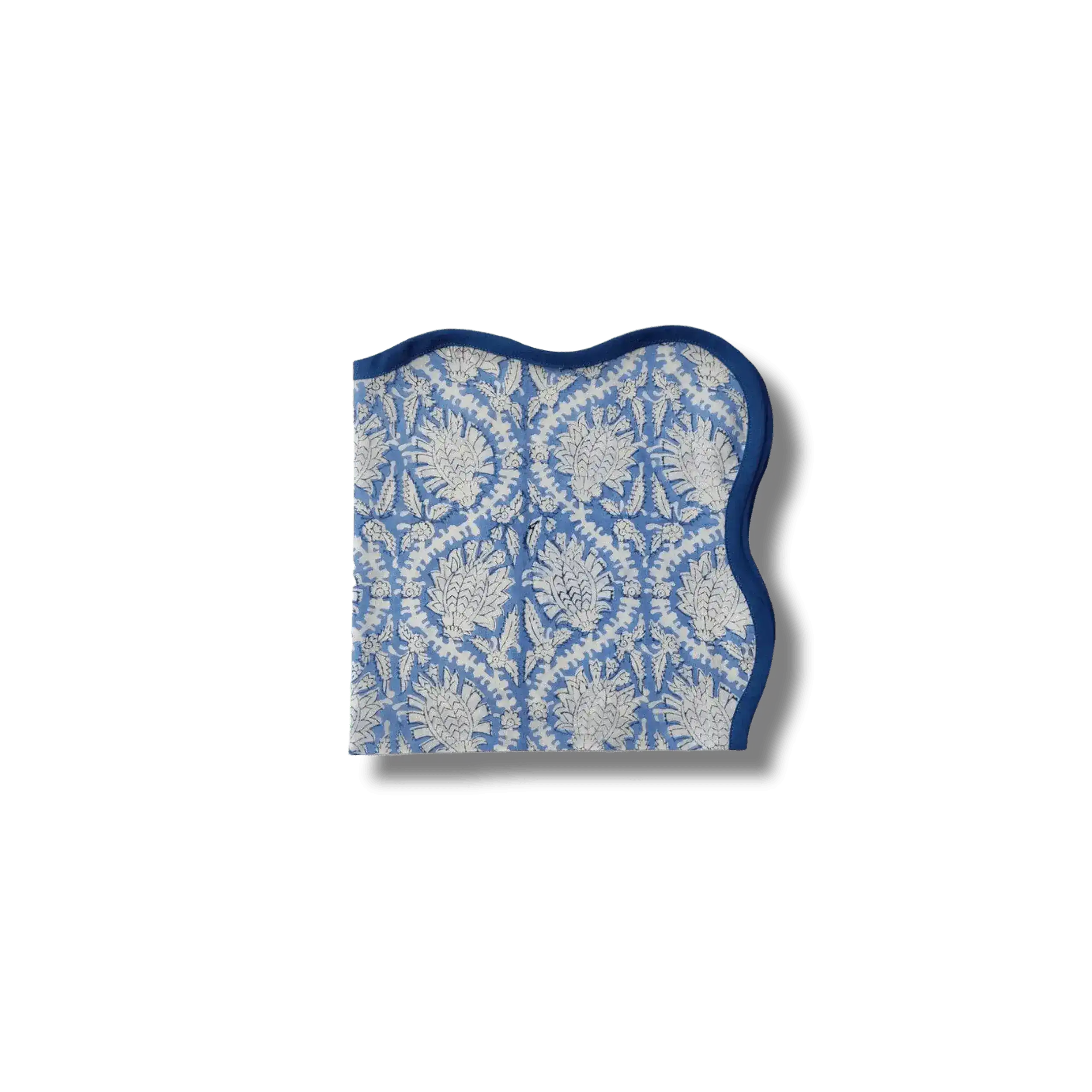 Hand Block Print Blue Wave Scallop Cotton Napkin Set of 4