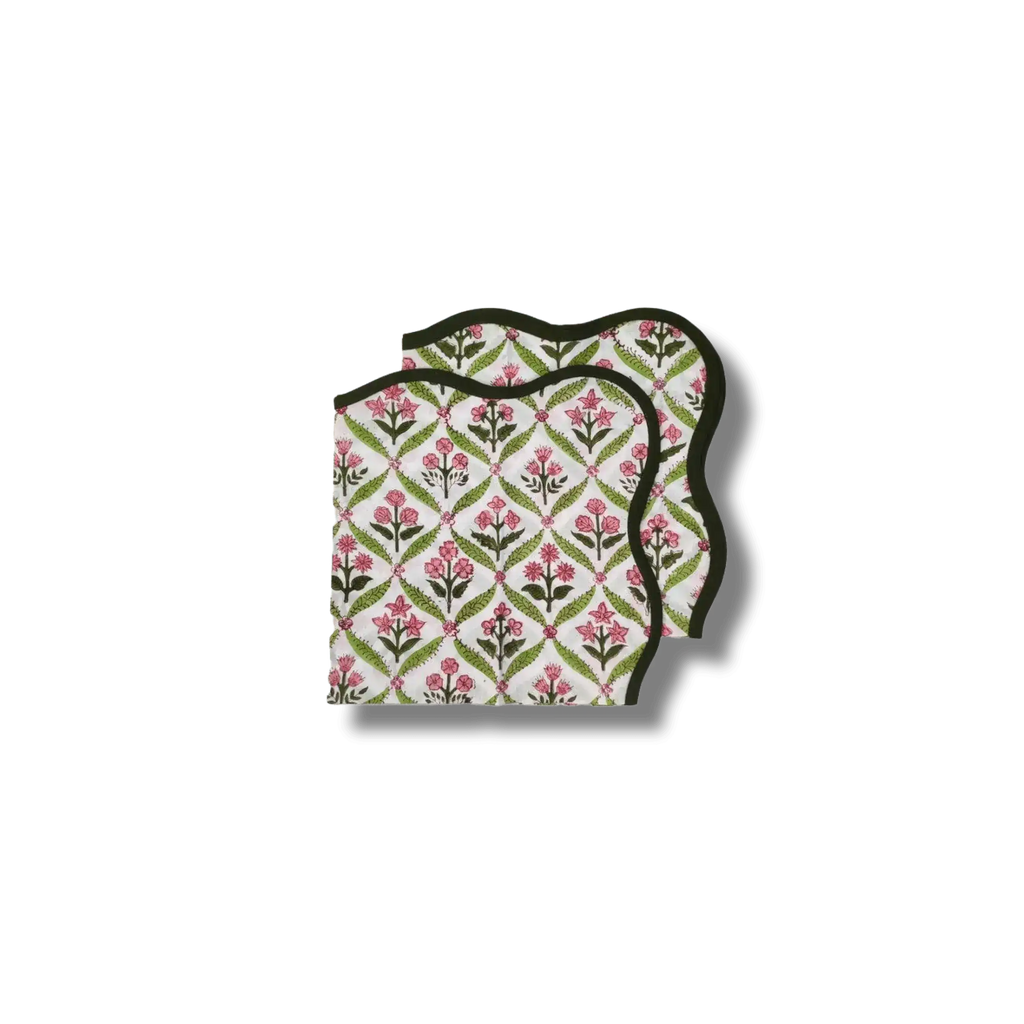 Hand-Block Print Dark Green Piping Scallop Cotton Napkins