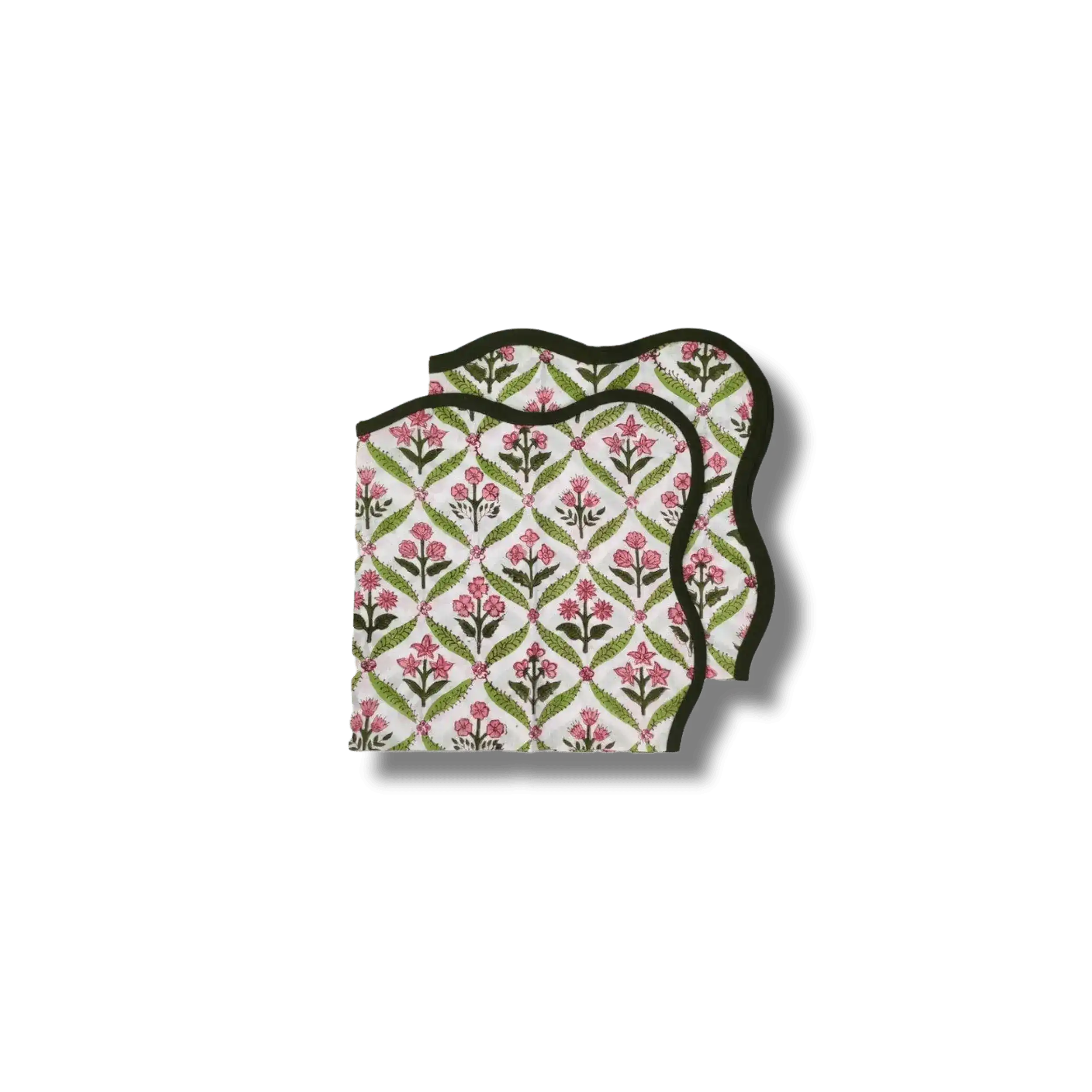 Hand-Block Print Dark Green Piping Scallop Cotton Napkins