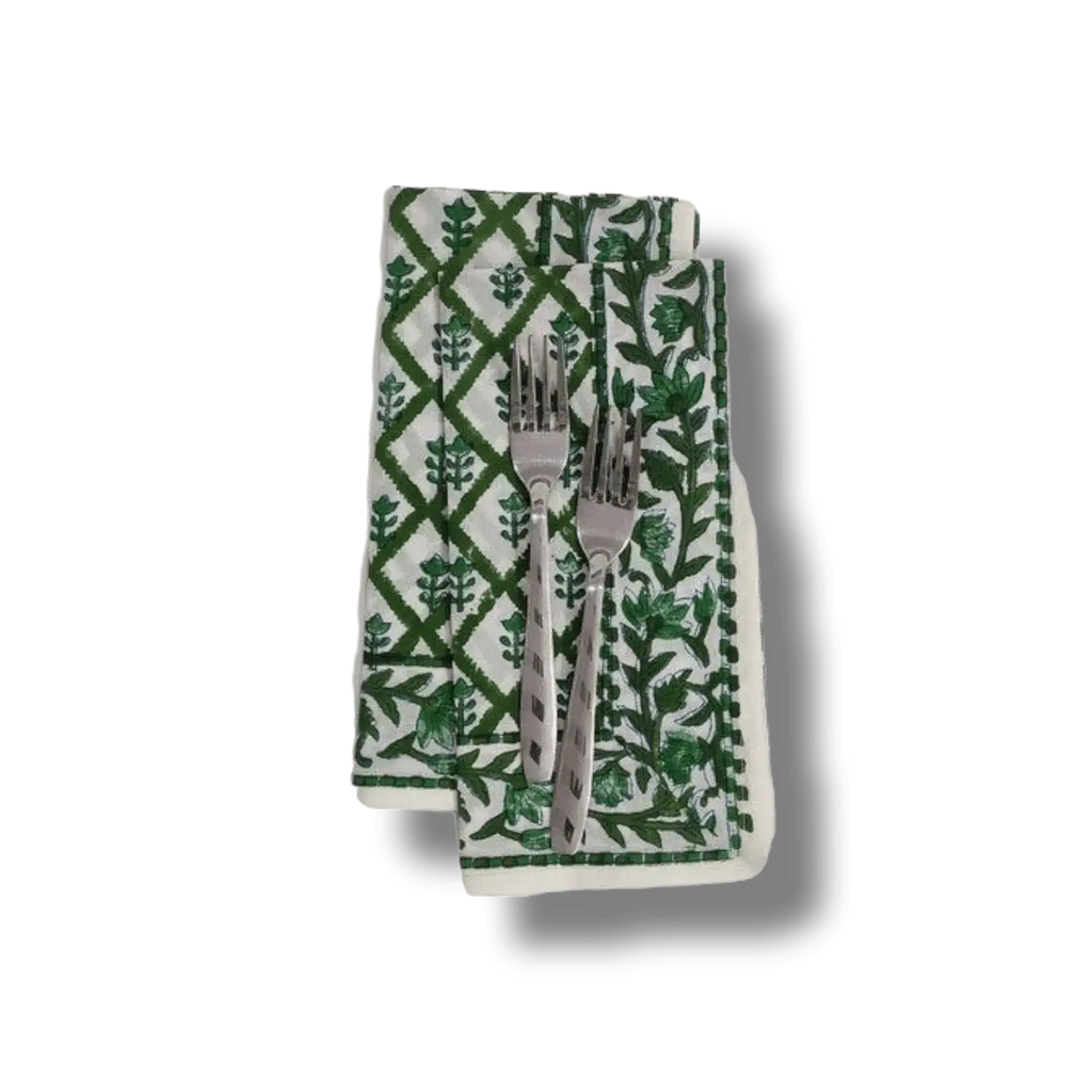 Hand Block Printed Green Trees Cotton Napkins