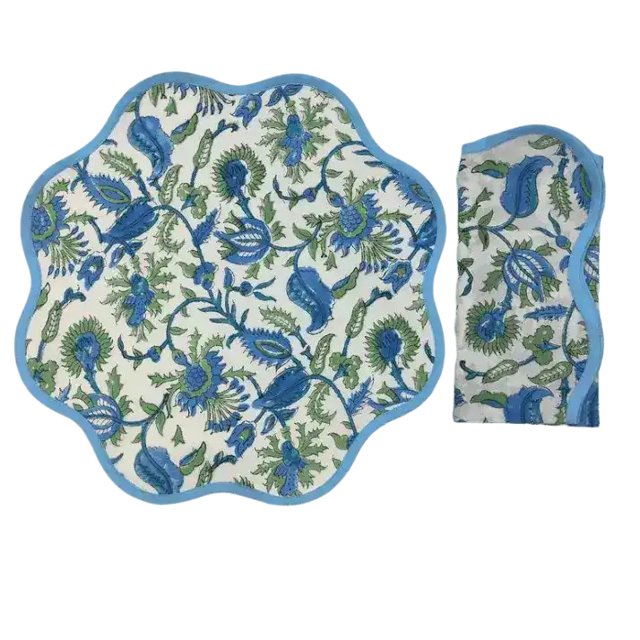 Hand Blocked Floral Motif Scalloped Cotton Placemats
