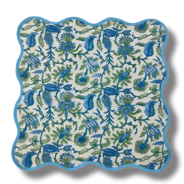 Hand Blocked Floral Motif Scalloped Cotton Placemats