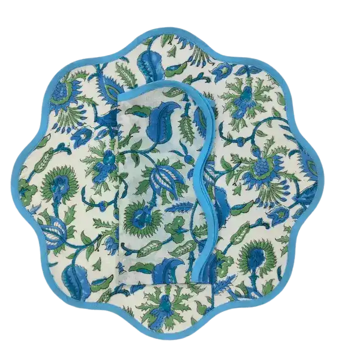 Hand Blocked Floral Motif Scalloped Cotton Placemats
