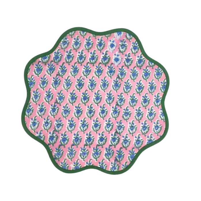 Hand Blocked Floral Scalloped Round Placemats