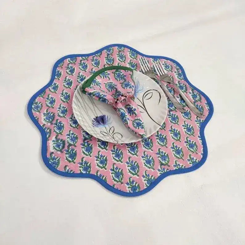 Hand Blocked Floral Scalloped Round Placemats