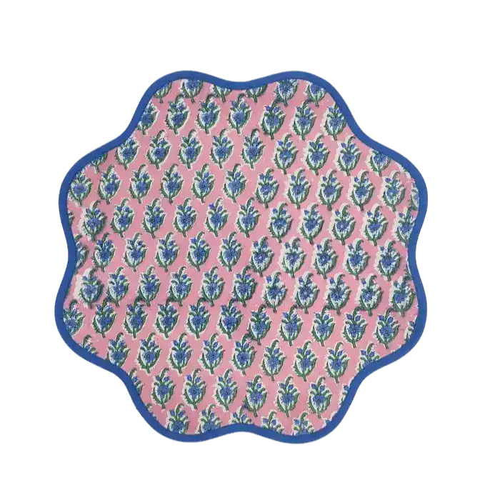 Hand Blocked Floral Scalloped Round Placemats