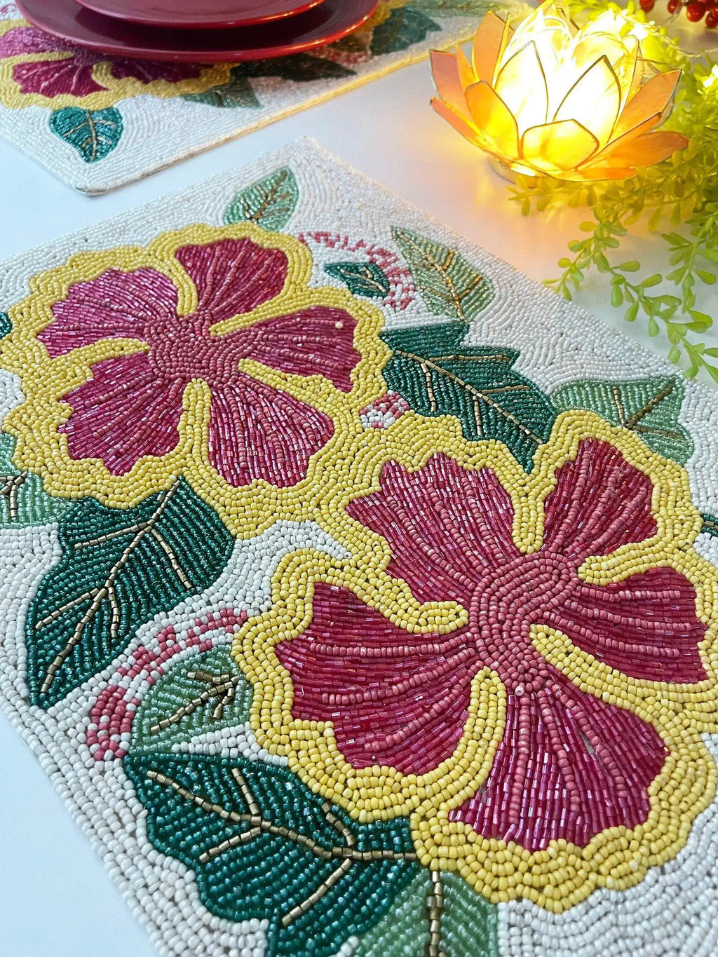 Hibiscus Flower Rectangular Beaded Placemat