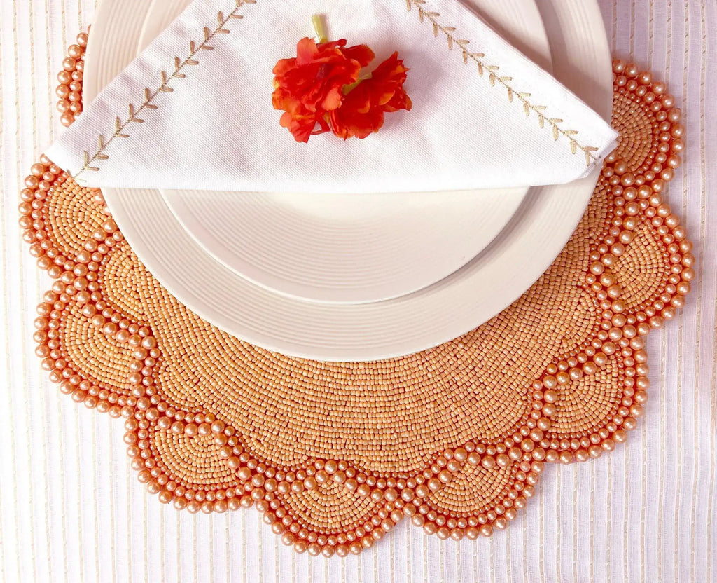 Set of 4 Large Pearl Flower Round Beaded Placemat - Orange