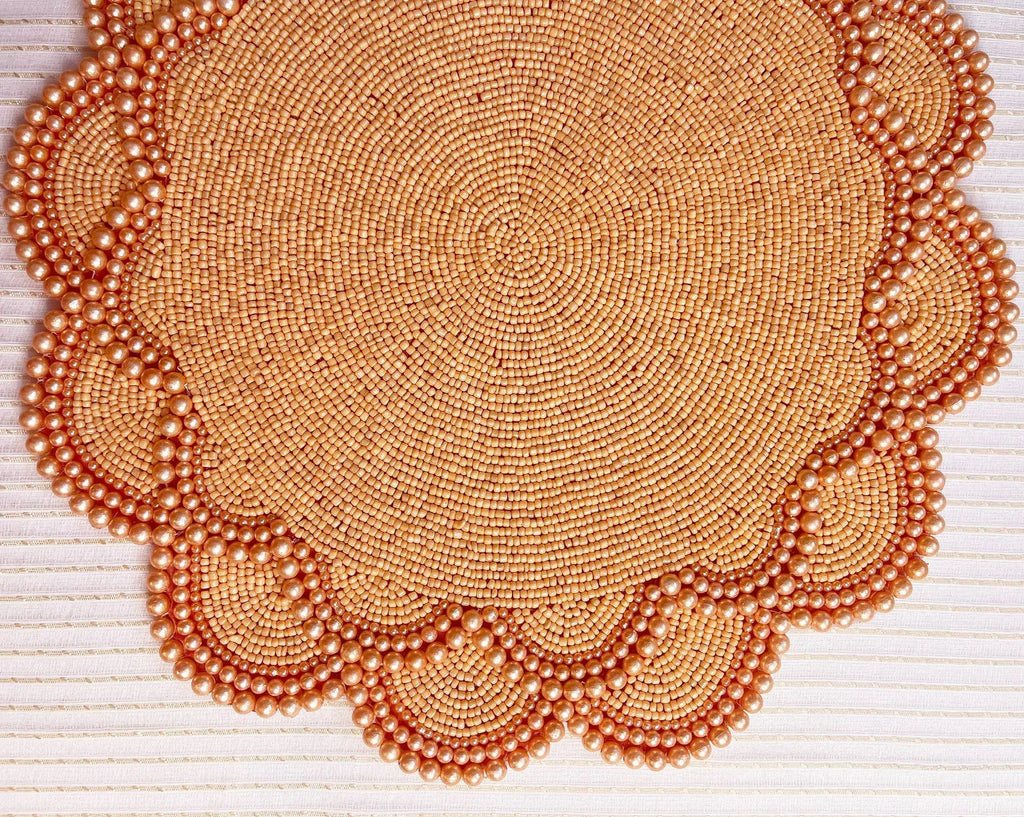 Set of 4 Large Pearl Flower Round Beaded Placemat - Orange