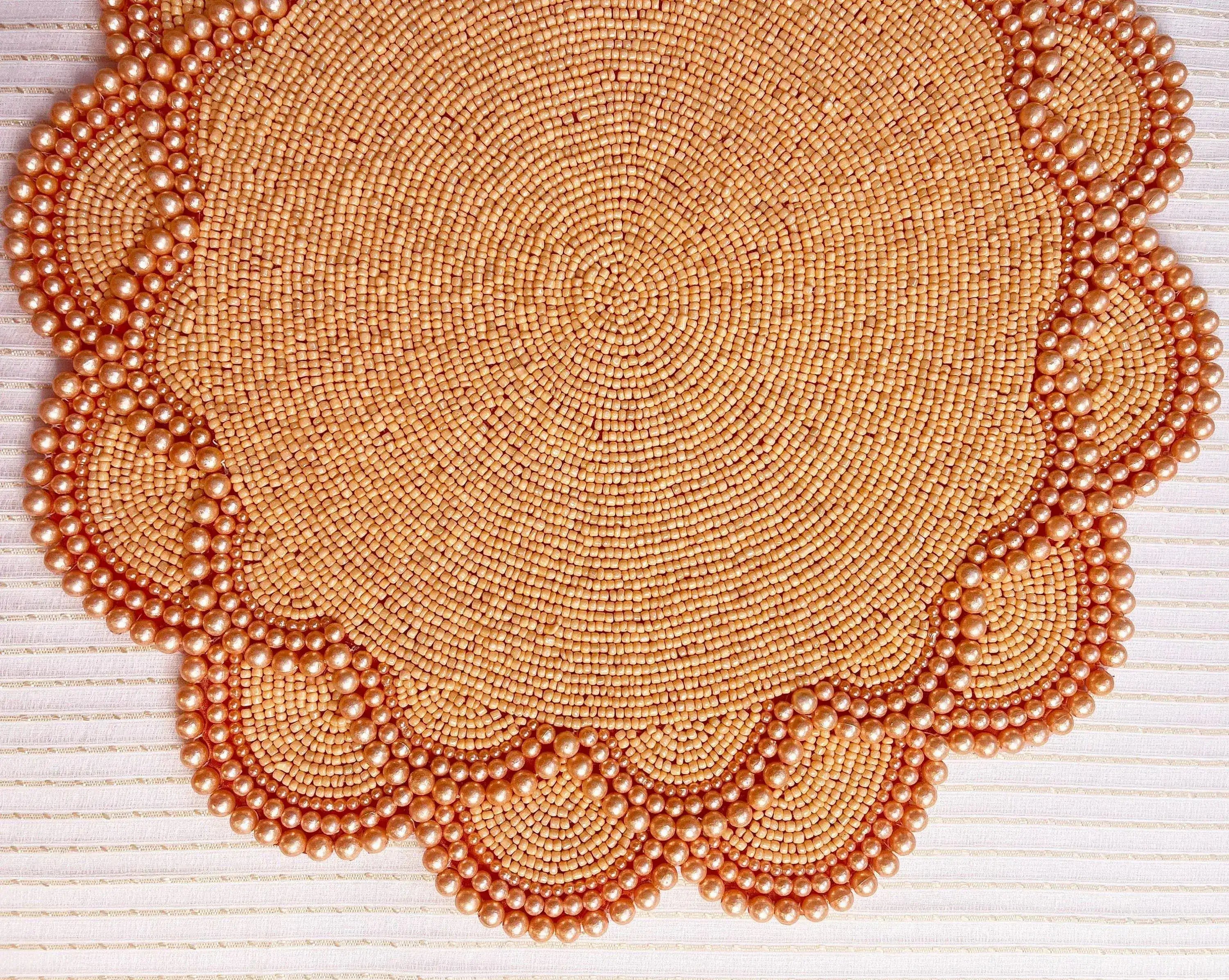 Set of 4 Large Pearl Flower Round Beaded Placemat - Orange