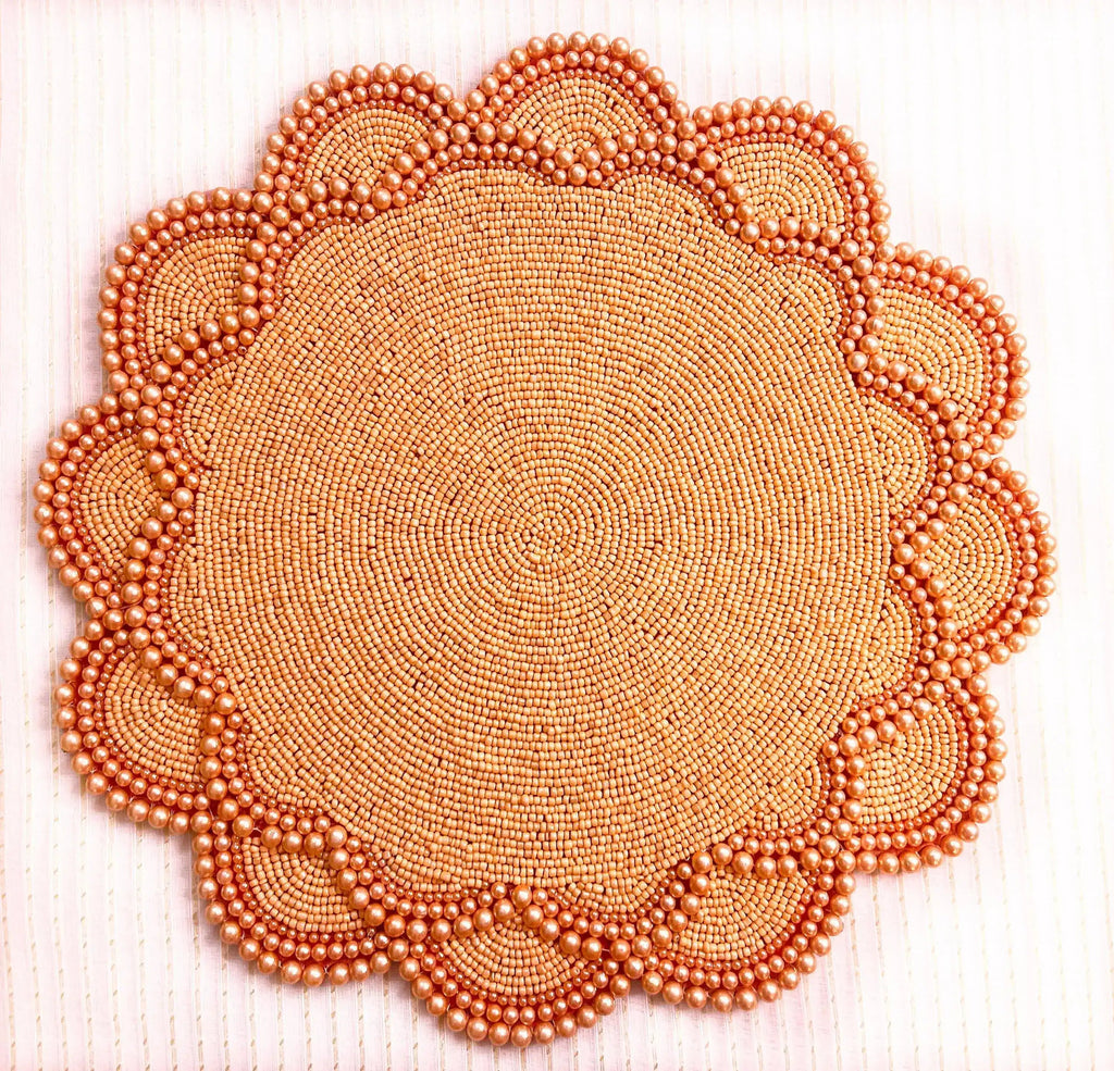 Set of 4 Large Pearl Flower Round Beaded Placemat - Orange