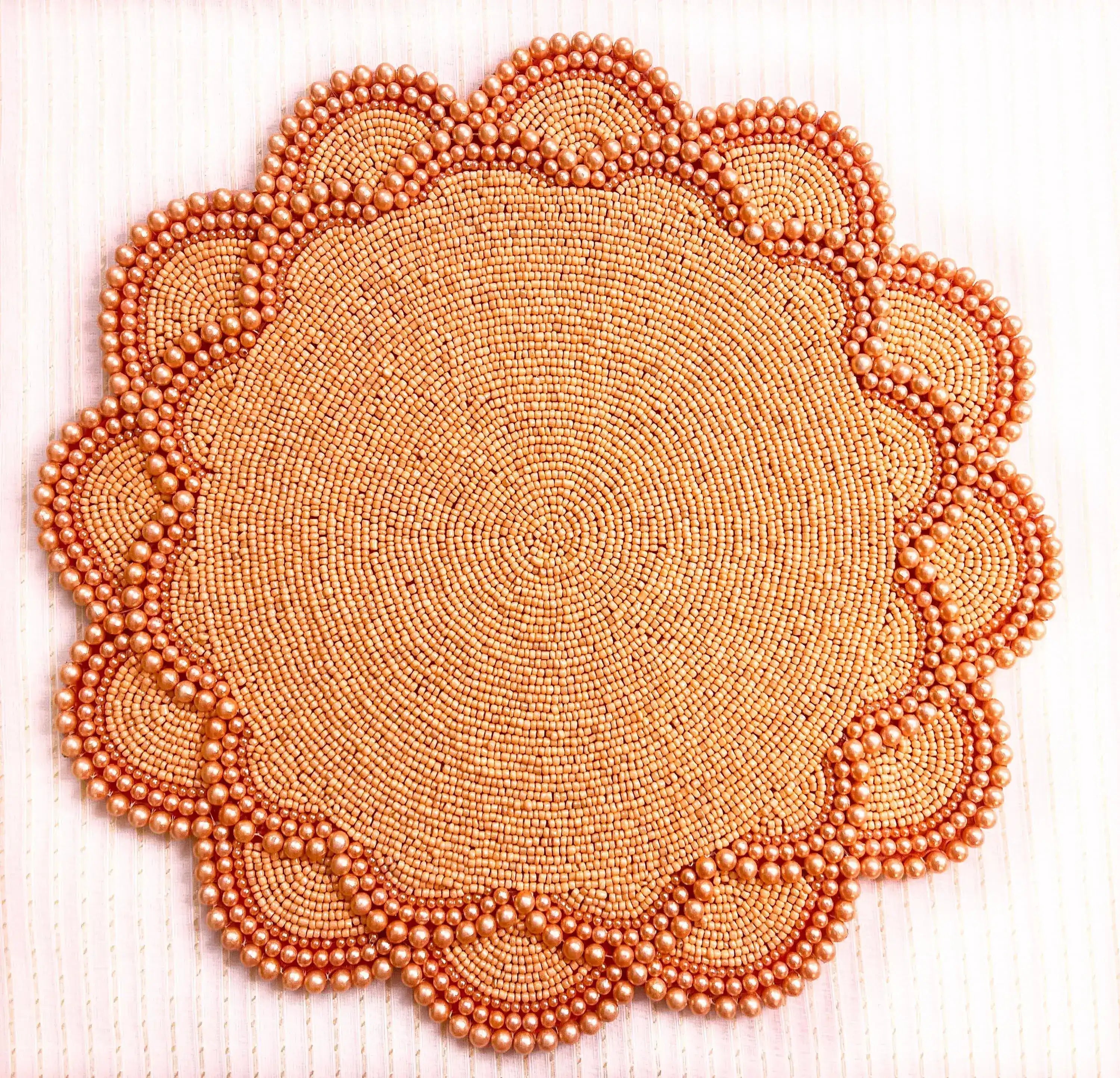 Set of 4 Large Pearl Flower Round Beaded Placemat - Orange