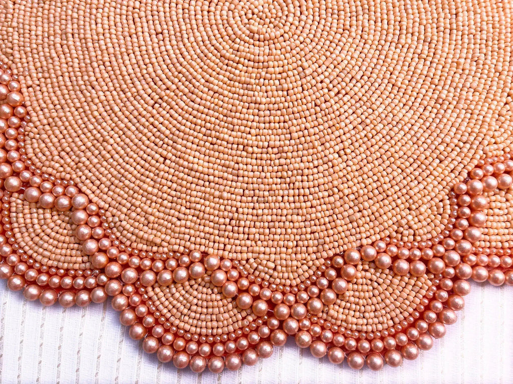 Set of 4 Large Pearl Flower Round Beaded Placemat - Orange