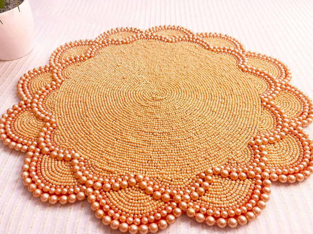 Set of 4 Large Pearl Flower Round Beaded Placemat - Orange