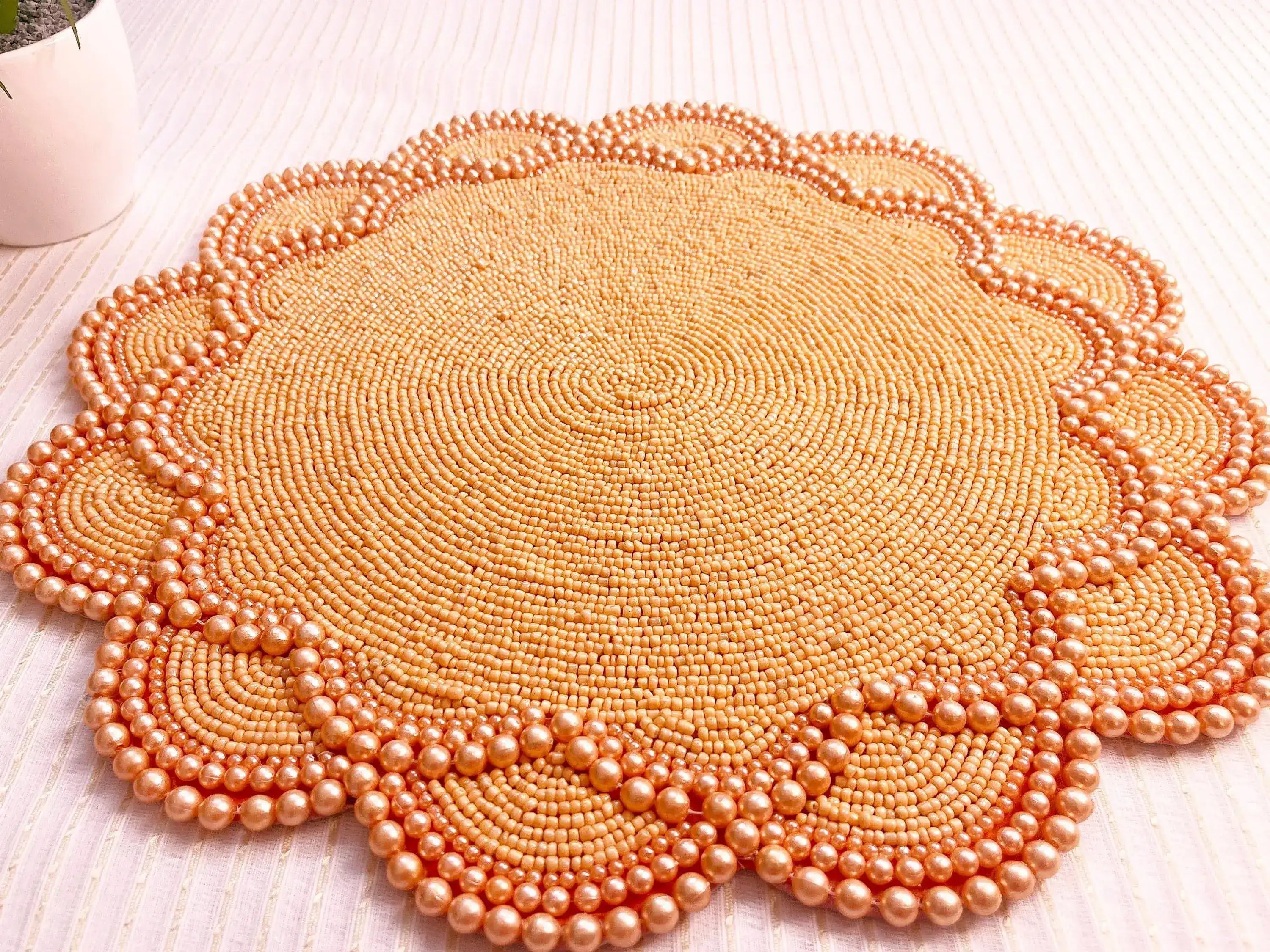 Set of 4 Large Pearl Flower Round Beaded Placemat - Orange