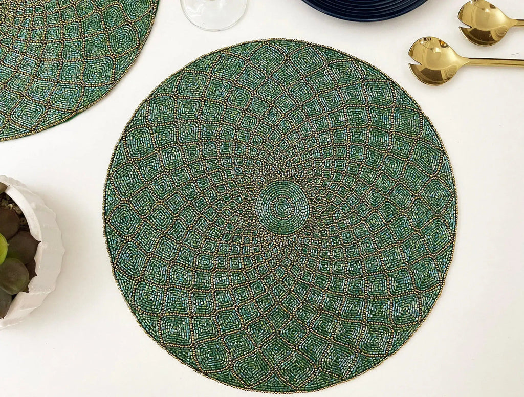 Moroccan Diamond Round Beaded Placemat - Green