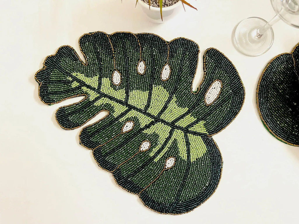 Monstera Leaf Beaded Placemat Set of 4