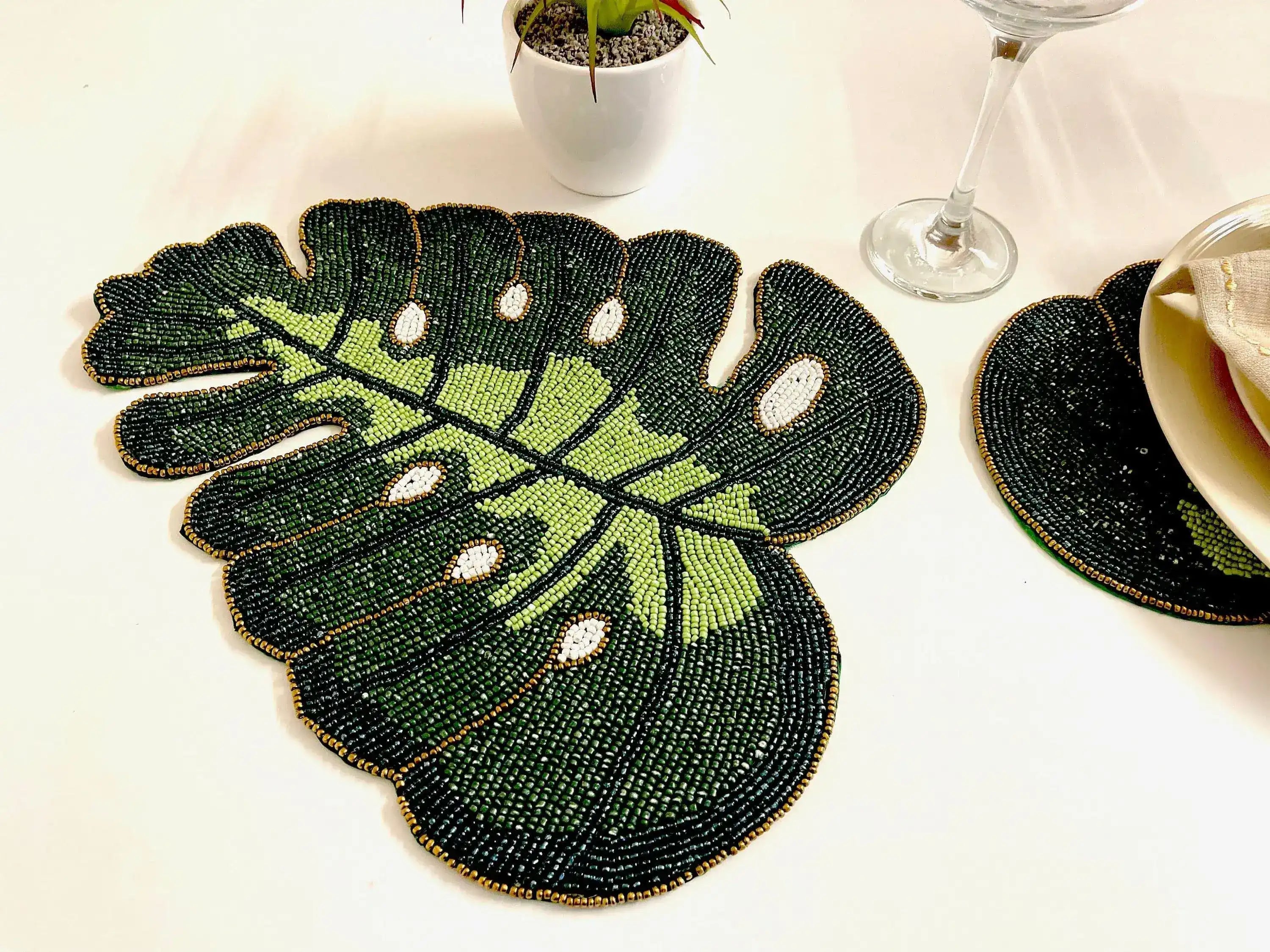 Monstera Leaf Beaded Placemat Set of 4