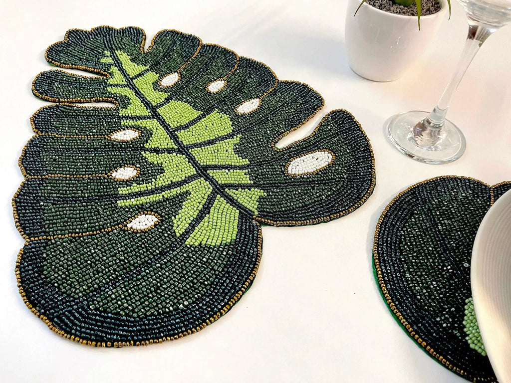 Monstera Leaf Beaded Placemat Set of 4