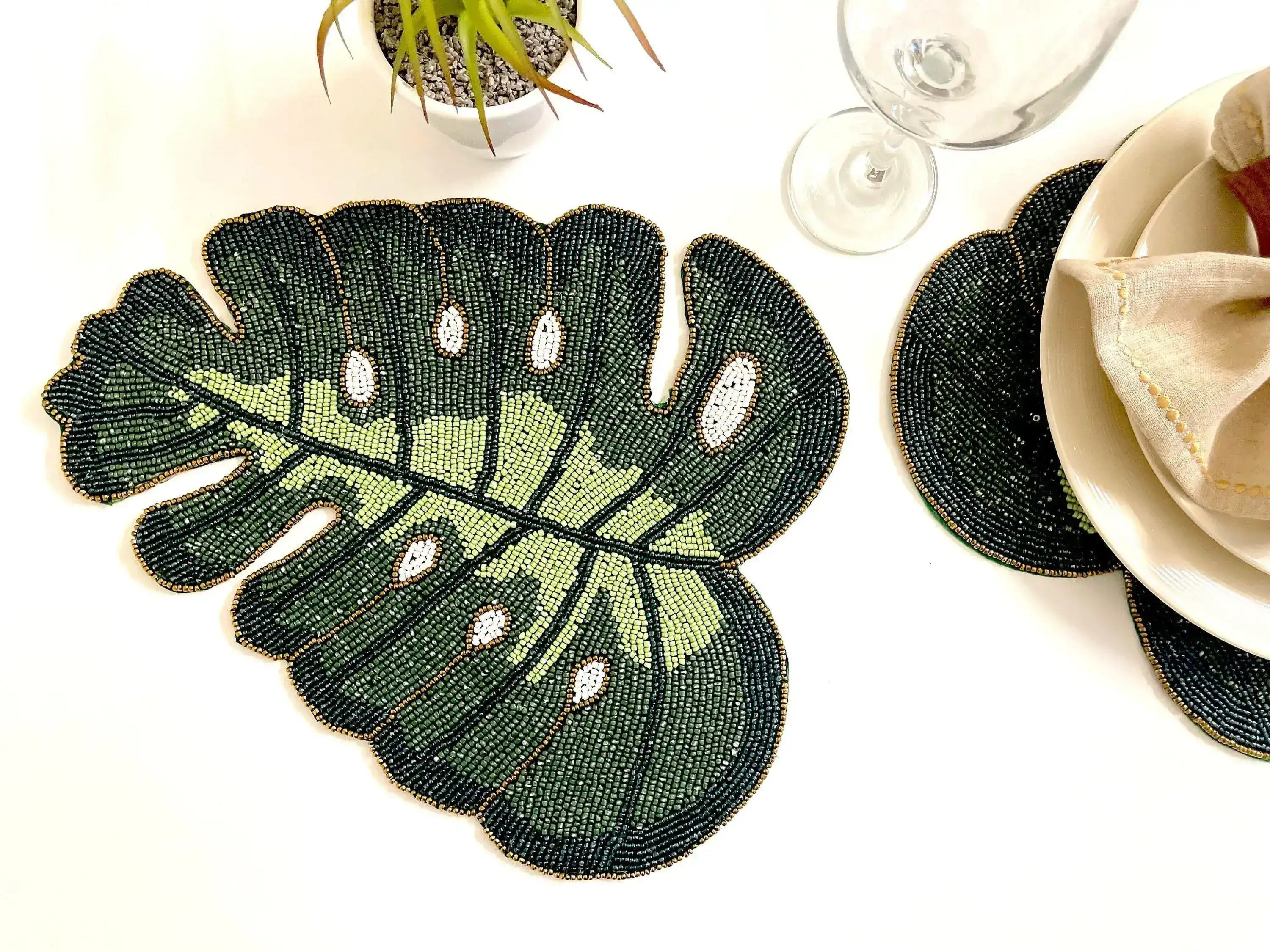 Monstera Leaf Beaded Placemat Set of 4