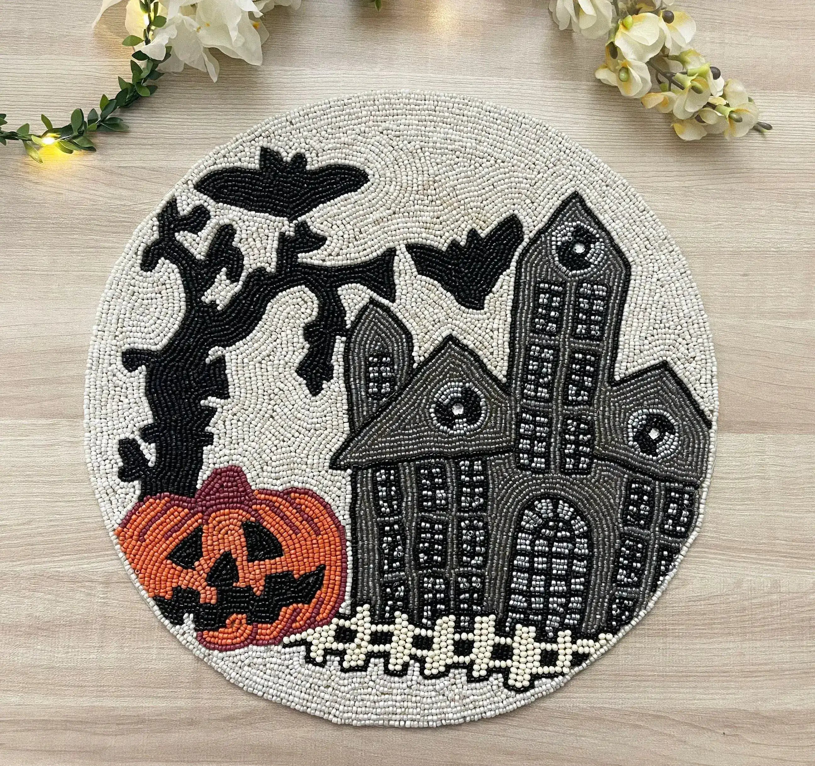 Halloween Haunted House Round Beaded Placemat