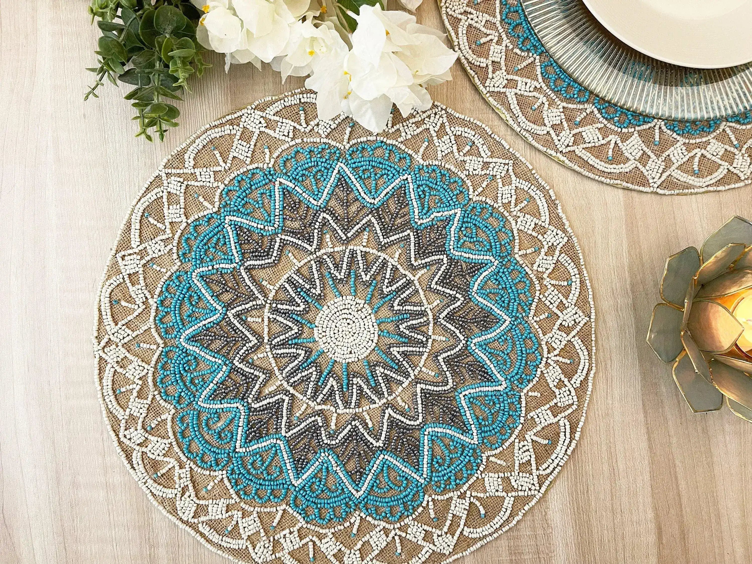 Blue Bohemian Round Beaded Placemats - Set of 6