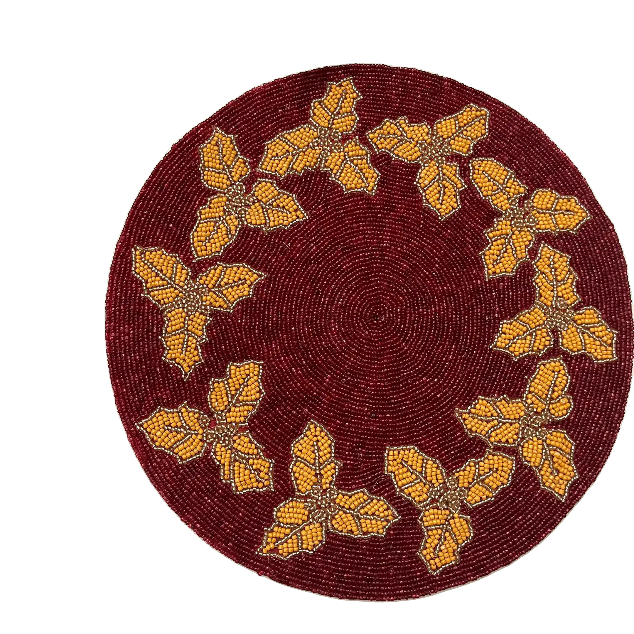Christmas Holly Berry Round Beaded Placemat - Gold - Set of 6