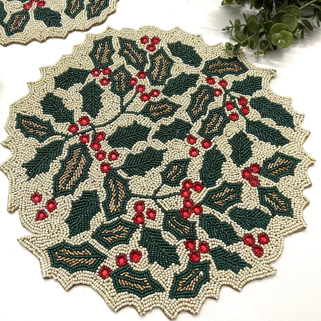 Christmas Holly Berry Round Beaded Placemat