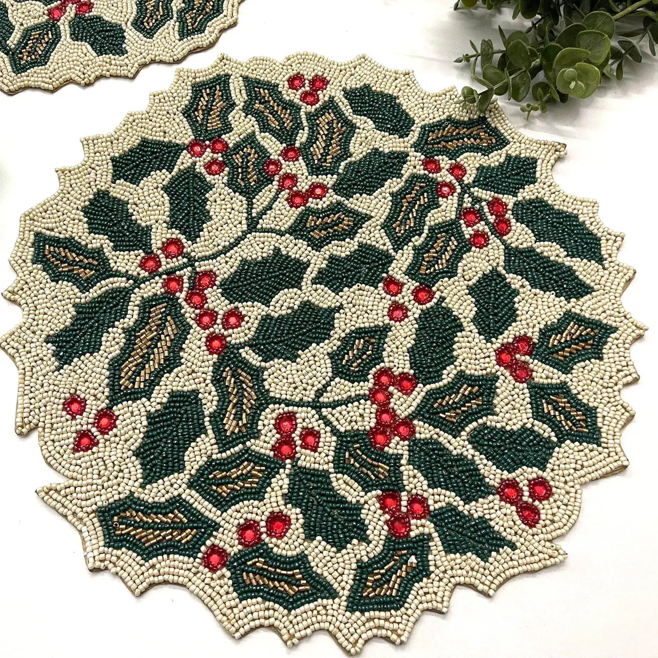 Christmas Holly Berry Round Beaded Placemat