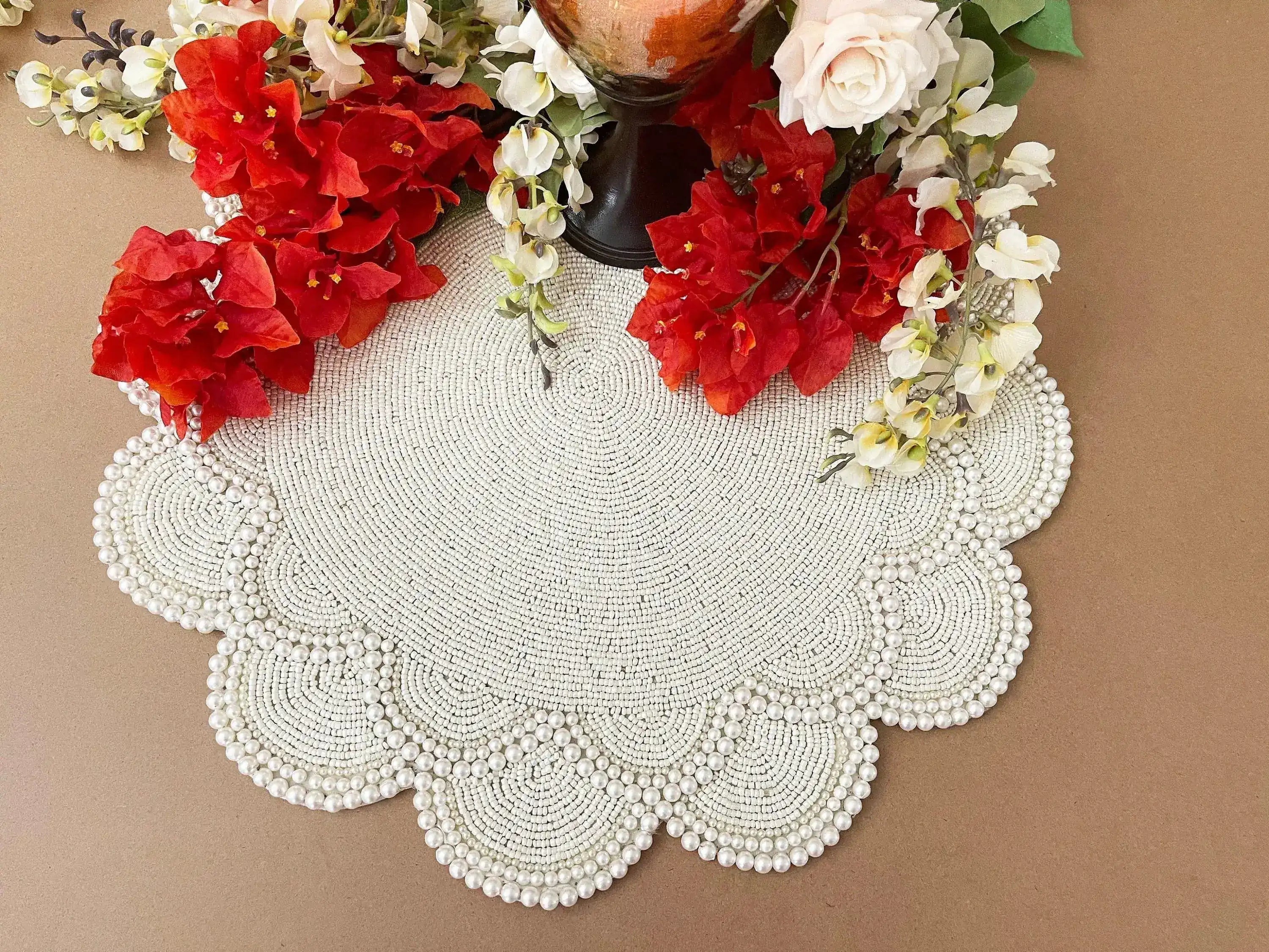 Large Pearl Flower Round Beaded Placemat Set of 4