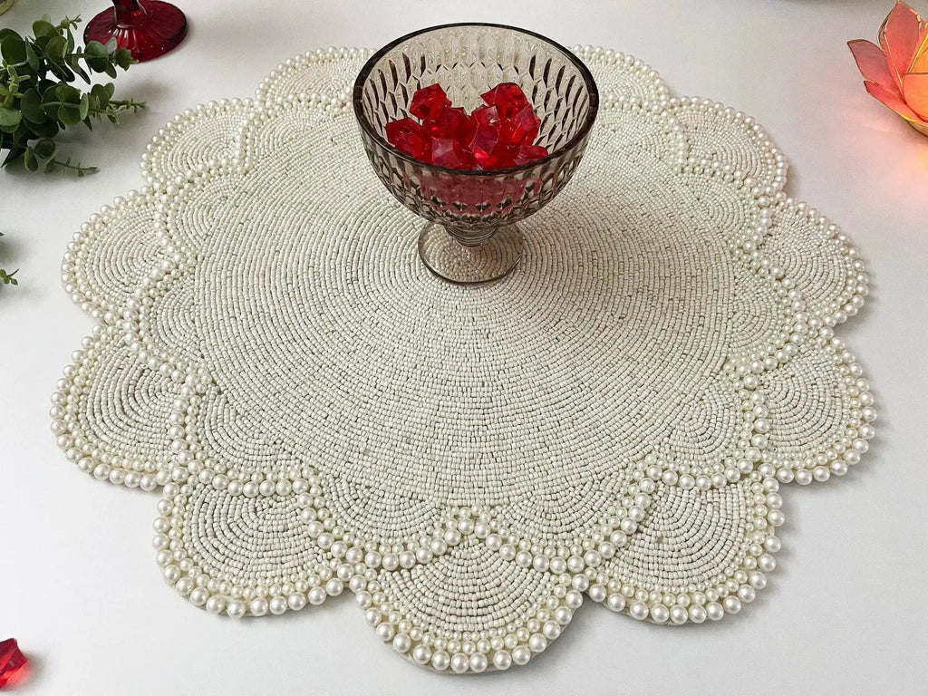Large Pearl Flower Round Beaded Placemat Set of 4