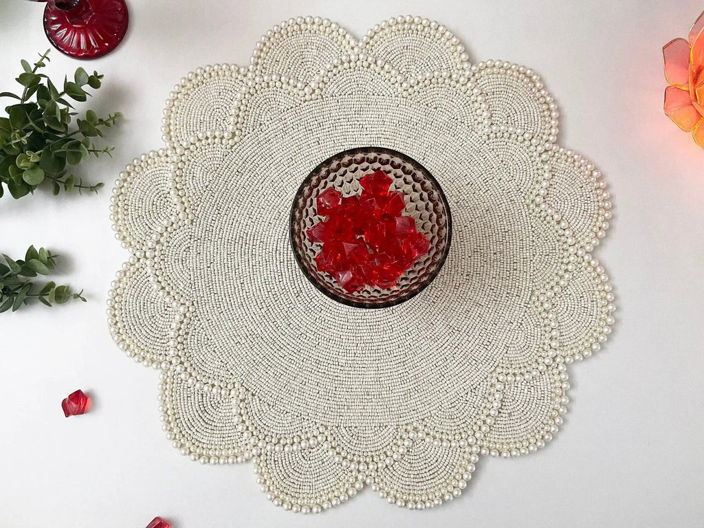 Large Pearl Flower Round Beaded Placemat Set of 4