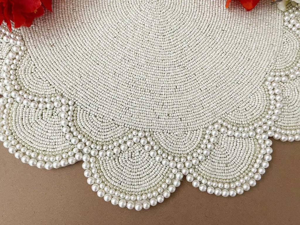 Large Pearl Flower Round Beaded Placemat Set of 4