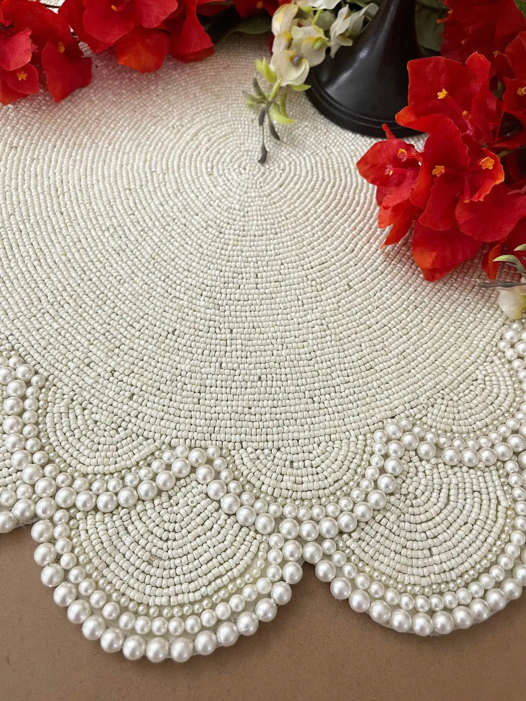 Large Pearl Flower Round Beaded Placemat Set of 4
