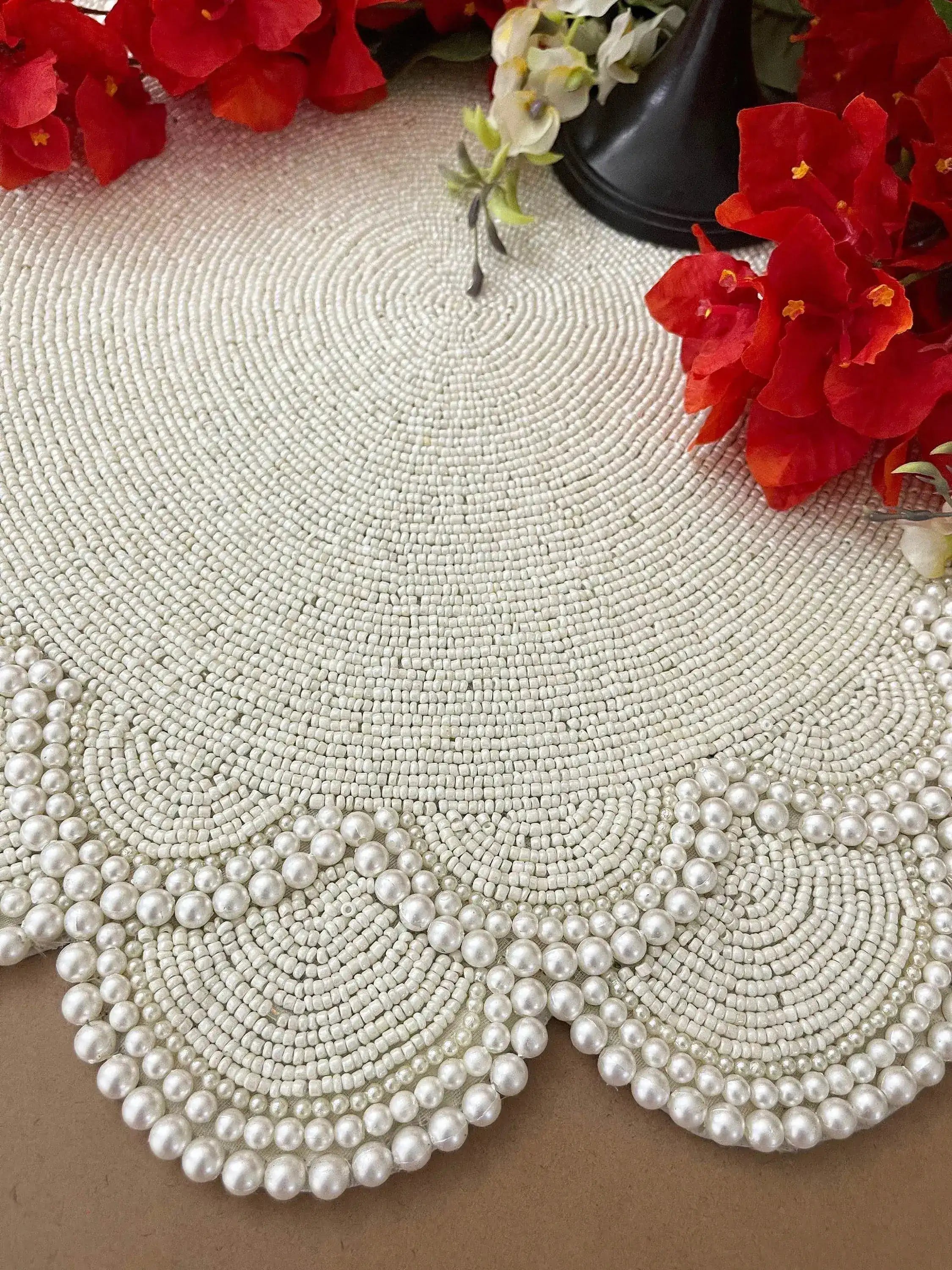 Large Pearl Flower Round Beaded Placemat Set of 4