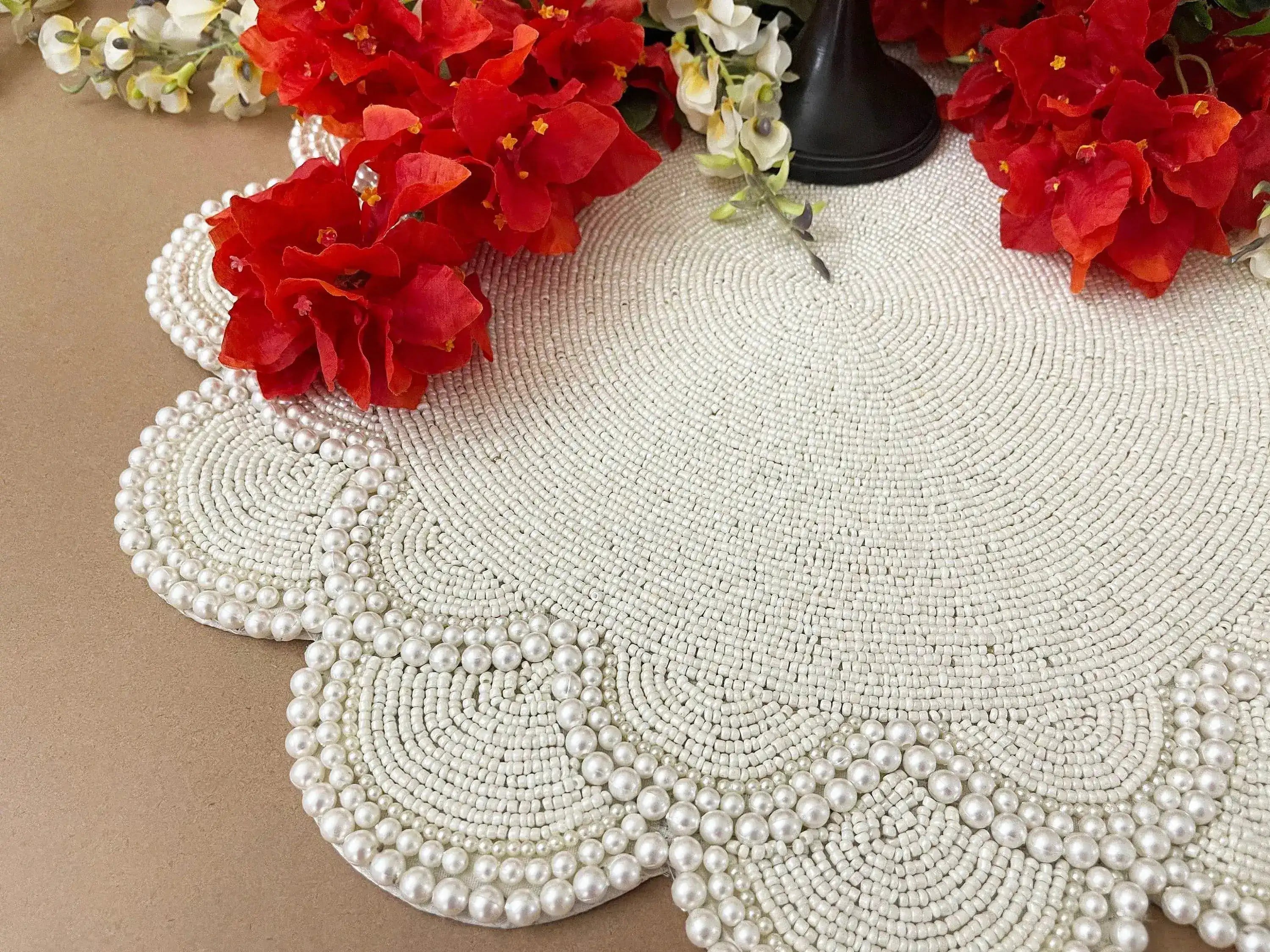 Large Pearl Flower Round Beaded Placemat Set of 4
